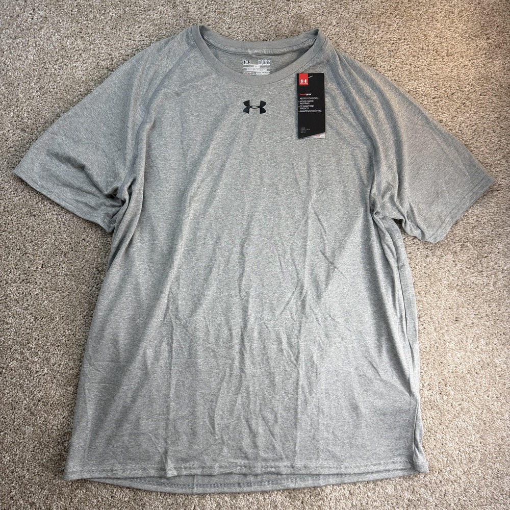 Under Armour Shirt Mens XL Gray Short Sleeve HeatGear Logo Athletic Training Top